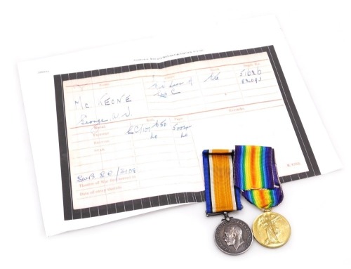 A WWI medal pair, comprising 1914-18 British War medal and Victory medal, inscribed to 51626 Pte. GAV McKeon, The Queen's Rgt.