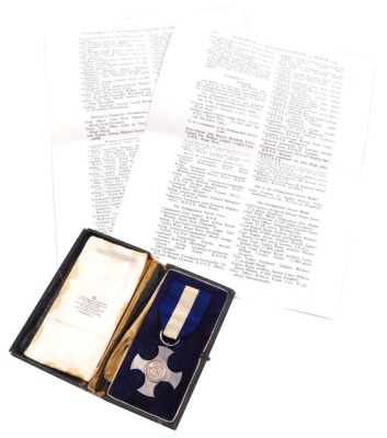 A George VI Distinguished Service Cross, dated 1945 verso, as presented to Lieutenant Commander Eric Oliver Savery, RNVR, with facsimile citations from the London Gazette 27th March 1945 and 14th August 1945 mentioned in despatches, in fitted case for Gar