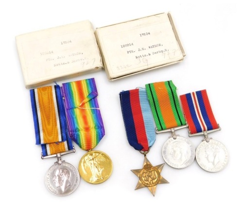 A WWI and WWII medal group, comprising 1914-18 British War medal and Victory medal, inscribed to 120314 Pte JE Watson Notts & Derby Regiment, and 1939-45 British War medal, Defence medal and 1939-45 Star, with two original boxes.