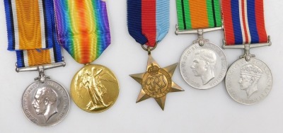 A WWI and WWII medal group, comprising 1914-18 British War medal and Victory medal, inscribed to 120314 Pte JE Watson Notts & Derby Regiment, and 1939-45 British War medal, Defence medal and 1939-45 Star, with two original boxes. - 2