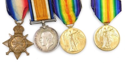 WWI medal trio, comprising 1914-18 British War medal, 1914-15 Star and Victory medal, inscribed to 13825 Pte G McWhannel, North Durham Fusiliers, and a Victory medal inscribed to 14-087831 J McWhannel, Army Service Corps.