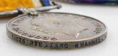 WWI medal trio, comprising 1914-18 British War medal, 1914-15 Star and Victory medal, inscribed to 13825 Pte G McWhannel, North Durham Fusiliers, and a Victory medal inscribed to 14-087831 J McWhannel, Army Service Corps. - 3