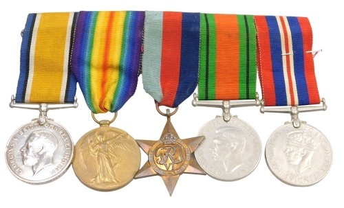 WWI and WWII medal group, comprising 1914-18 British War medal and Victory medal, 1939-45 British War medal, 1939-45 Star and Defence medal, the two WWI medals inscribed to 91707 Pte JT Burton, Notts & Derby Regiment.