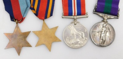 A George VI medal group, comprising 1939-45 War medal, Burma Star and 1939-45 Star, and General Service medal with South East Asia 1945-46 clasp, inscribed to 14724951 Pte J Lane West Yorkshire Regiment, with cap badge Battalion shoulder titles and medal - 3