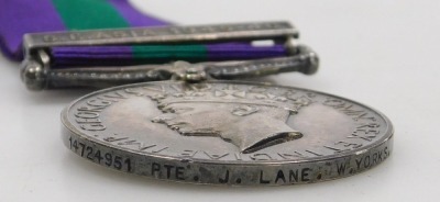 A George VI medal group, comprising 1939-45 War medal, Burma Star and 1939-45 Star, and General Service medal with South East Asia 1945-46 clasp, inscribed to 14724951 Pte J Lane West Yorkshire Regiment, with cap badge Battalion shoulder titles and medal - 4