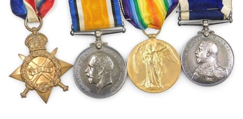 A WWI medal group, comprising 1914-18 British War medal, 1914-15 Star, Royal Naval Long Service and Good Conduct medal, and Victory medal, inscribed to 342371 Alfred Edwards Armourer HMS Pembroke.