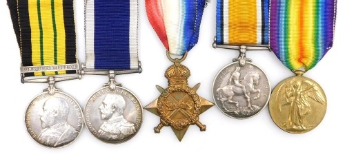 Africa General Service medal with World War I group, comprising Africa General Service medal with Somaliland 1902-1904 clasp, inscribed to G Price Pte Royal Marines HMS Hyacinth, a Naval Long Service and God Conduct medal, inscribed to PLY 11312 G Price S