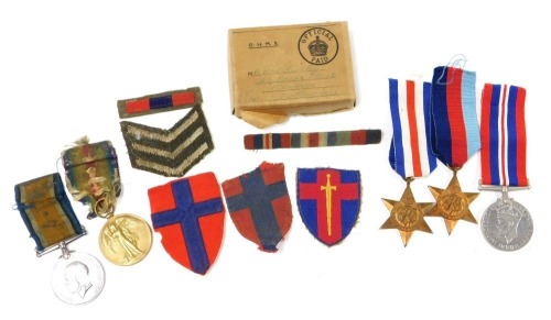 WWI and WWII trio, comprising 1914-18 British War medal and Victory medal, inscribed to 30549 Pte EW Burley, Notts & Derby Regiment, and 1939-45 British War medal and France and Germany Star and 1939-45 Star, issued to his son KW Burley, Nottingham addres