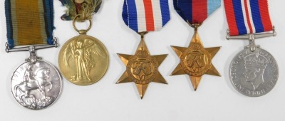 WWI and WWII trio, comprising 1914-18 British War medal and Victory medal, inscribed to 30549 Pte EW Burley, Notts & Derby Regiment, and 1939-45 British War medal and France and Germany Star and 1939-45 Star, issued to his son KW Burley, Nottingham addres - 2