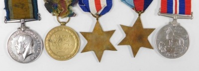 WWI and WWII trio, comprising 1914-18 British War medal and Victory medal, inscribed to 30549 Pte EW Burley, Notts & Derby Regiment, and 1939-45 British War medal and France and Germany Star and 1939-45 Star, issued to his son KW Burley, Nottingham addres - 3