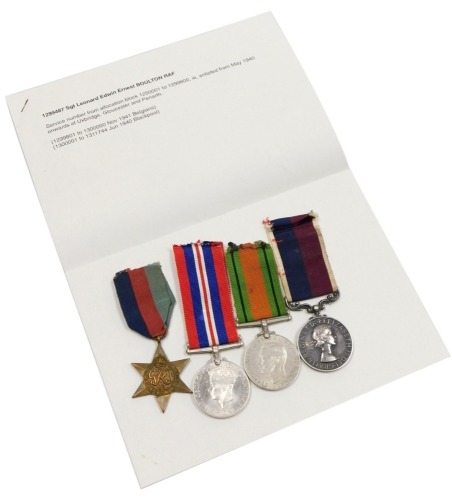 A WWII and later RAF medal group, comprising 1939-45 British War medal, 1939-45 Star, Defence medal and Elizabeth II Royal Air Force Long Service and Good Conduct medal, inscribed to 1299487 Sgt LEE (Leonard Edwin Ernest) Boulton, with later printed docum