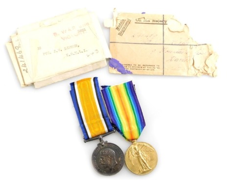 A WWI medal pair, comprising 1914-18 British War medal and Victory medal, inscribed 4133 Pte JW Lister, KOYLI (King's Own Yorkshire Light Infantry), with original box and envelope.