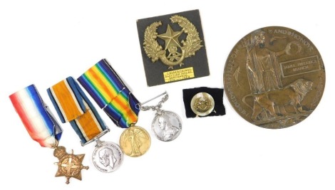 A WW1 death plaque and medal group, comprising death plaque named to James Frederick Branch, Military medal (lacking ribbon), 1914-18 British War medal, 1914 Star and Victory medal, inscribed to 8328 L.Cpl JF Branch 1/Sco:Rif, with Scottish Rifles badge a