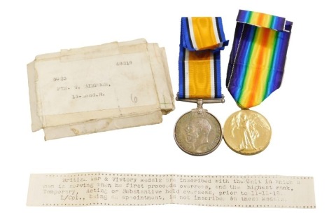 A WWI medal pair, inscribed 5023 Pte W Simpson 15-Lond R (London Rifles), with original boxes.