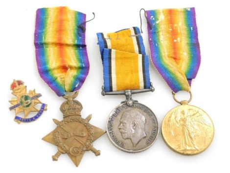 A WWI medal trio, comprising 1914-18 British War medal, 1914-15 Star and Victory medal, inscribed to 12892 Pte B Panter Notts & Derby Regt, and a Notts & Derby regimental badge.