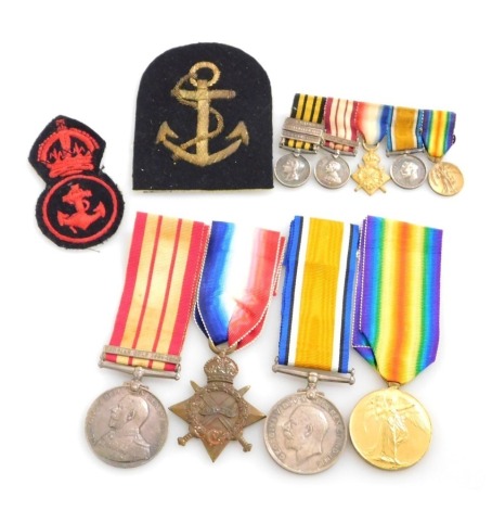 A WWI medal group, comprising Naval General Service medal with Persian Gulf 1909-1914 clasp, inscribed ART Engr C Chafen Royal Navy HMS Swiftsure, 1914-18 British War medal, 1914-15 Star and Victory medal, and a miniature medal group, to include East and 