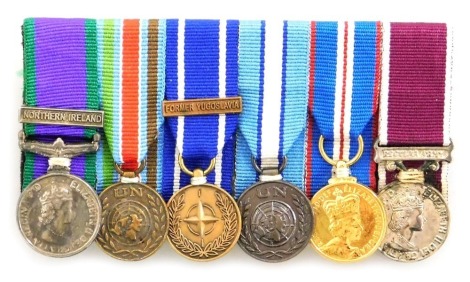 A Queen Elizabeth II and United Nations miniature medal group, comprising General Service medal with Northern Ireland clasp, United Nations medal, NATO Former Yugoslavia medal, United Nations medal, QEII Golden Jubilee medal and Army Meritorious Service m