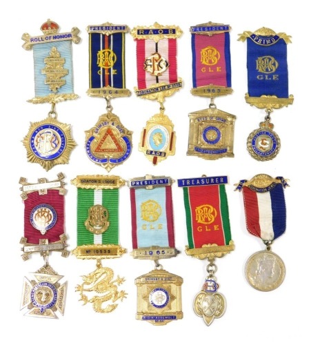 Eight predominantly silver and silver gilt Masonic and other jewels, including The Royal Ancient Order of Buffaloes, Presidential and officer's jewels, and two further gilt metal jewels. (10)