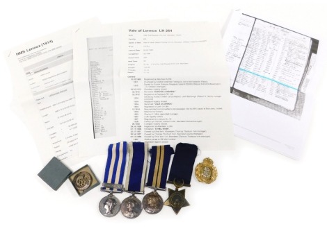 A Naval Distinguished Service medal group, comprising Victoria Egypt medal 1882 with Suakin 1884 clasp, Khedive's Star, Distinguished Service medal inscribed to 109404 TH Merryfield CPO HM Trawler Vale of Lennox Aux Patrol 1916, Royal Naval Long Service a