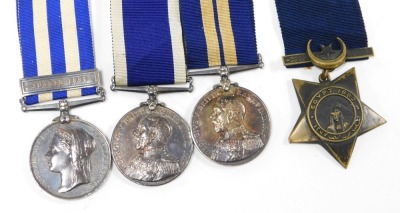 A Naval Distinguished Service medal group, comprising Victoria Egypt medal 1882 with Suakin 1884 clasp, Khedive's Star, Distinguished Service medal inscribed to 109404 TH Merryfield CPO HM Trawler Vale of Lennox Aux Patrol 1916, Royal Naval Long Service a - 2