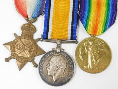 A WWI medal trio, comprising 1914-18 British War medal, 1914-15 Star and Victory medal, inscribed to 2nd Lieut F Pullam Killed in Action 19/06/18, and with North Staffordshire sealed knot cap badge. - 2