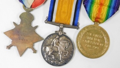 A WWI medal trio, comprising 1914-18 British War medal, 1914-15 Star and Victory medal, inscribed to 2nd Lieut F Pullam Killed in Action 19/06/18, and with North Staffordshire sealed knot cap badge. - 3