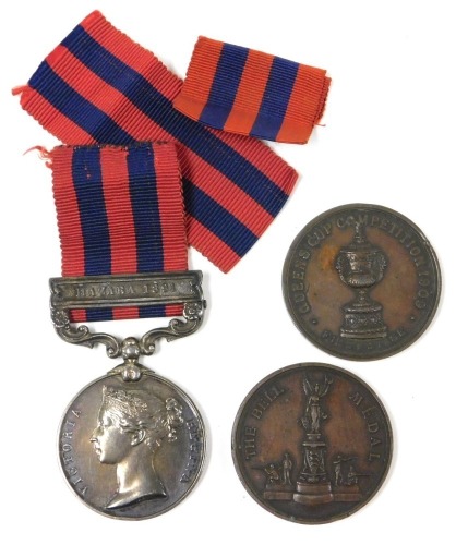 An India General Service medal, with Hazara 1891 clasp, inscribed to 1654 Pte J Lowe First 73rd Royal Welsh Fusiliers, together with two bronze prize medals for the Queen's Cup Competition 1909 First Stage, presented by The Society of Miniature Rifle Club