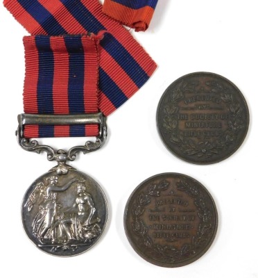 An India General Service medal, with Hazara 1891 clasp, inscribed to 1654 Pte J Lowe First 73rd Royal Welsh Fusiliers, together with two bronze prize medals for the Queen's Cup Competition 1909 First Stage, presented by The Society of Miniature Rifle Club - 2