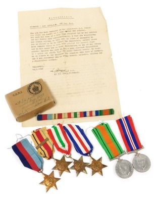 A WWII medal group, comprising 1939-45 British War medal, the 1939-45 Star, the Africa Star, the Italy Star, the France and Germany Star and Defence medal, with medal ribbon bar, and original OMHS box, to AJS Lowe, 118 Bow Road, Bow, London East 3, and re