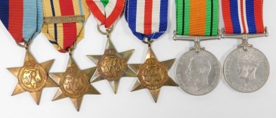 A WWII medal group, comprising 1939-45 British War medal, the 1939-45 Star, the Africa Star, the Italy Star, the France and Germany Star and Defence medal, with medal ribbon bar, and original OMHS box, to AJS Lowe, 118 Bow Road, Bow, London East 3, and re - 2