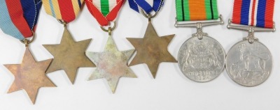 A WWII medal group, comprising 1939-45 British War medal, the 1939-45 Star, the Africa Star, the Italy Star, the France and Germany Star and Defence medal, with medal ribbon bar, and original OMHS box, to AJS Lowe, 118 Bow Road, Bow, London East 3, and re - 3