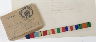 A WWII medal group, comprising 1939-45 British War medal, the 1939-45 Star, the Africa Star, the Italy Star, the France and Germany Star and Defence medal, with medal ribbon bar, and original OMHS box, to AJS Lowe, 118 Bow Road, Bow, London East 3, and re - 5