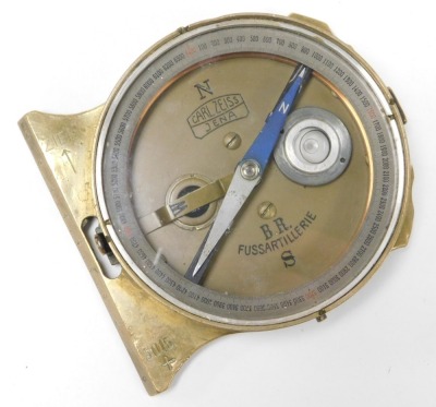 A WWI Imperial German brass fussartillerie aiming director compass, by Carl Zeiss, BR5015, number 6460, in brass case. - 2