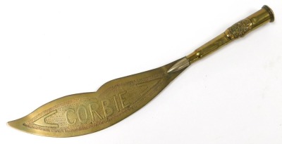 WWI trench art, including an artillery brass shell case ashtray, shell case brass bowl and bullet handled brass letter opener with Army Service Corps crest and the blade inscribed Arras and Corbi. - 3