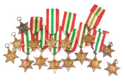 WWII Italy Star medals, some lacking ribbons. (15)