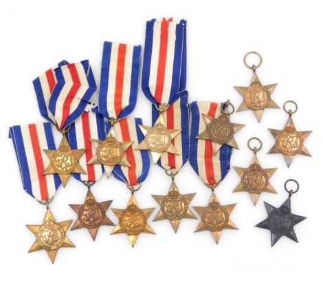 WWII France and Germany Star medals, some lacking ribbons. (13)