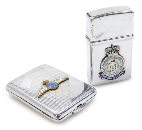 An RAF chrome plated cigarette lighter and vesta case, the Husky chrome plated lighter with crest for School of Recruit Training, and the vesta case with RAF winged insignia.