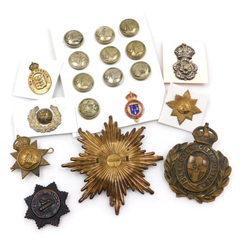 Cap badges and buttons, including a set of buttons for King's Lynn Borough Police, Lincoln City Police cap badge, Yorkshire Police, Royal Marines, Irish Guards, etc.