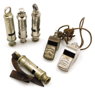 A small collection of military and police/fire whistles, including two Acme Thunderers and other examples by J Hudson & Co Birmingham, Dowler & Sons, etc. (6)