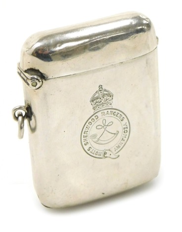 A George V silver vesta case, engraved with regimental crest for the Notts Sherwood Rangers Yeomanry, Birmingham 1920.