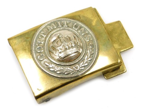 A German brass and white metal army belt buckle, with central crown boss and motto Gott Mit Uns.