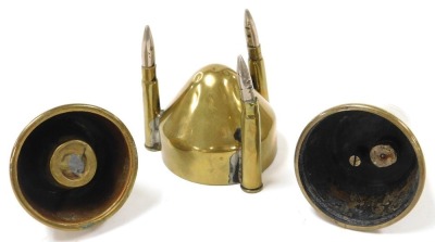 WWI brass ordnance shell cigarette lighter, conical ash receiver and brass trench craft stand. (3) - 2