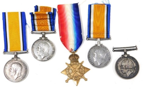 Four 1914-18 British War medals, inscribed to BZ 4626 E Dawson AB RNVR, M-351297 Pte AG Bayes ASC, 15106 Pte J McKenna R.Innis FUS, and 5736 WO CL 2 F Freebury SOM LI, and a 1914-15 Star (uninscribed). (5)