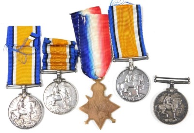 Four 1914-18 British War medals, inscribed to BZ 4626 E Dawson AB RNVR, M-351297 Pte AG Bayes ASC, 15106 Pte J McKenna R.Innis FUS, and 5736 WO CL 2 F Freebury SOM LI, and a 1914-15 Star (uninscribed). (5) - 2