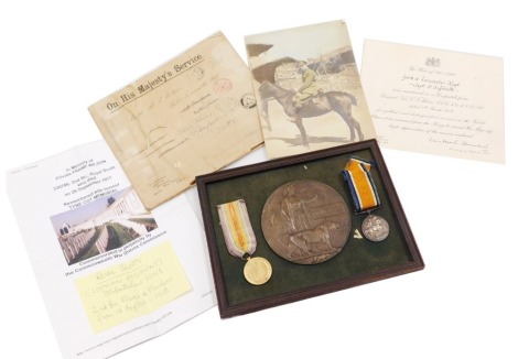 A WWI medal pair and bronze death plaque, named to Frank Wilson, with 1914-18 British War medal and Victory medal inscribed to 330786 Pte F Wilson Royal Scots, together with some additional documentation.