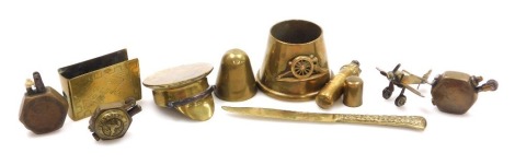 A WWI trench craft match holder and cigarette lighters, brass cap, paper knife, etc. (10)