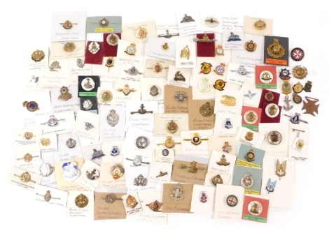 A collection of military sweetheart brooches and lapel badges, and including some non-military badges, including Fife and Fofar Yeomanry, Lincolnshire Regiment, Royal Scots Regiment, Royal Engineers, Royal Artillery, Royal Berkshire Regiment, SAS, and num