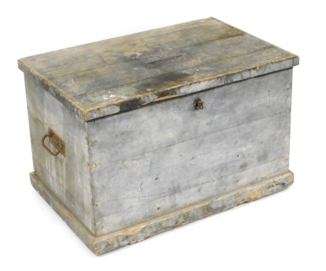 A Victorian pine trunk, the interior with two fitted upper trays, and divisions below, the hinged lid bearing a brass plaque inscribed "Trooper CD Shaw, B Squadron, Northants Yeomanry, EOP number 175 Reg number 651", 48cm high, 71.5cm wide, 47.5cm deep.