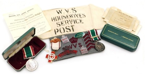 Women's Royal Voluntary Service interest, including two WRVS medals, WVS Civil Defence badges, Red Cross medal, armbands, etc.