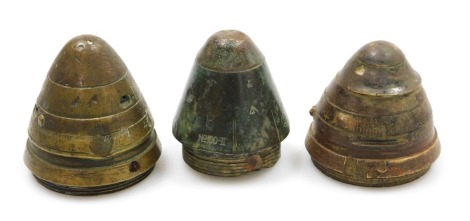 Three WWI brass artillery ordnance time fuse shell cones.